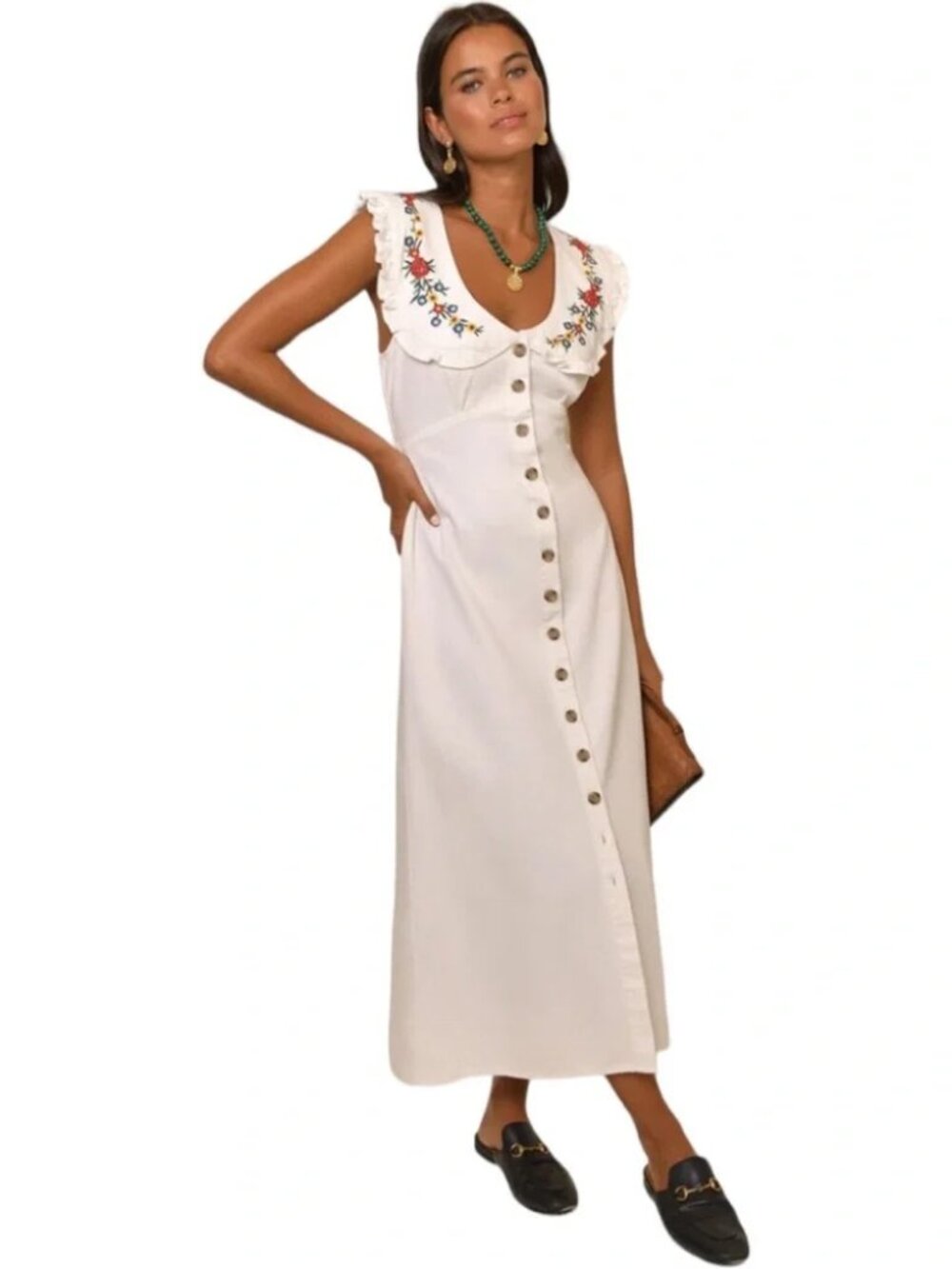 RIXO Nova Dress Midi Floral Embroidered Spread Collar Ecru Button front M - Picture 2 of 14